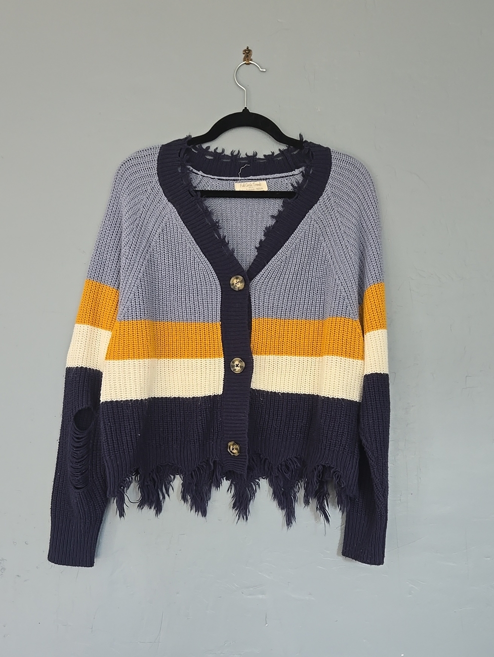 Distressed Stripe Button-Front Sweater Cardigan - Navy/Blue/Yellow -